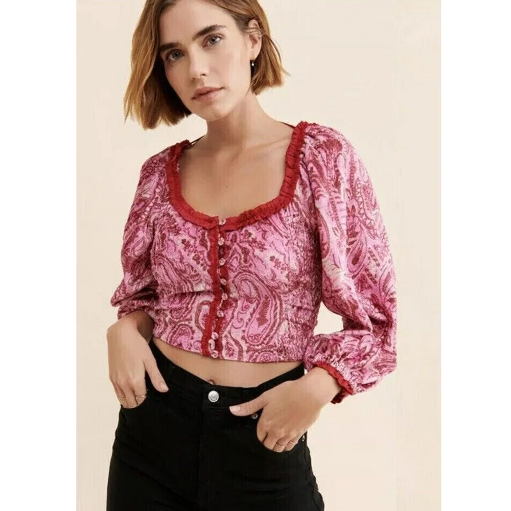 Free People Dare Me Velvet Cropped Blouse Pink Size XS - Picture 1 of 2